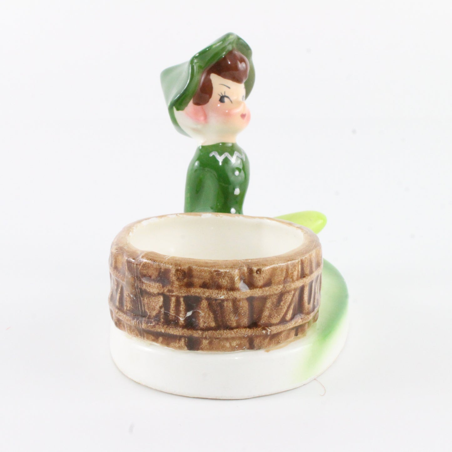 Vintage Ceramic Pixie W/ Hat Sitting Cross Leg Next To Barrel Enesco Japan 4 In