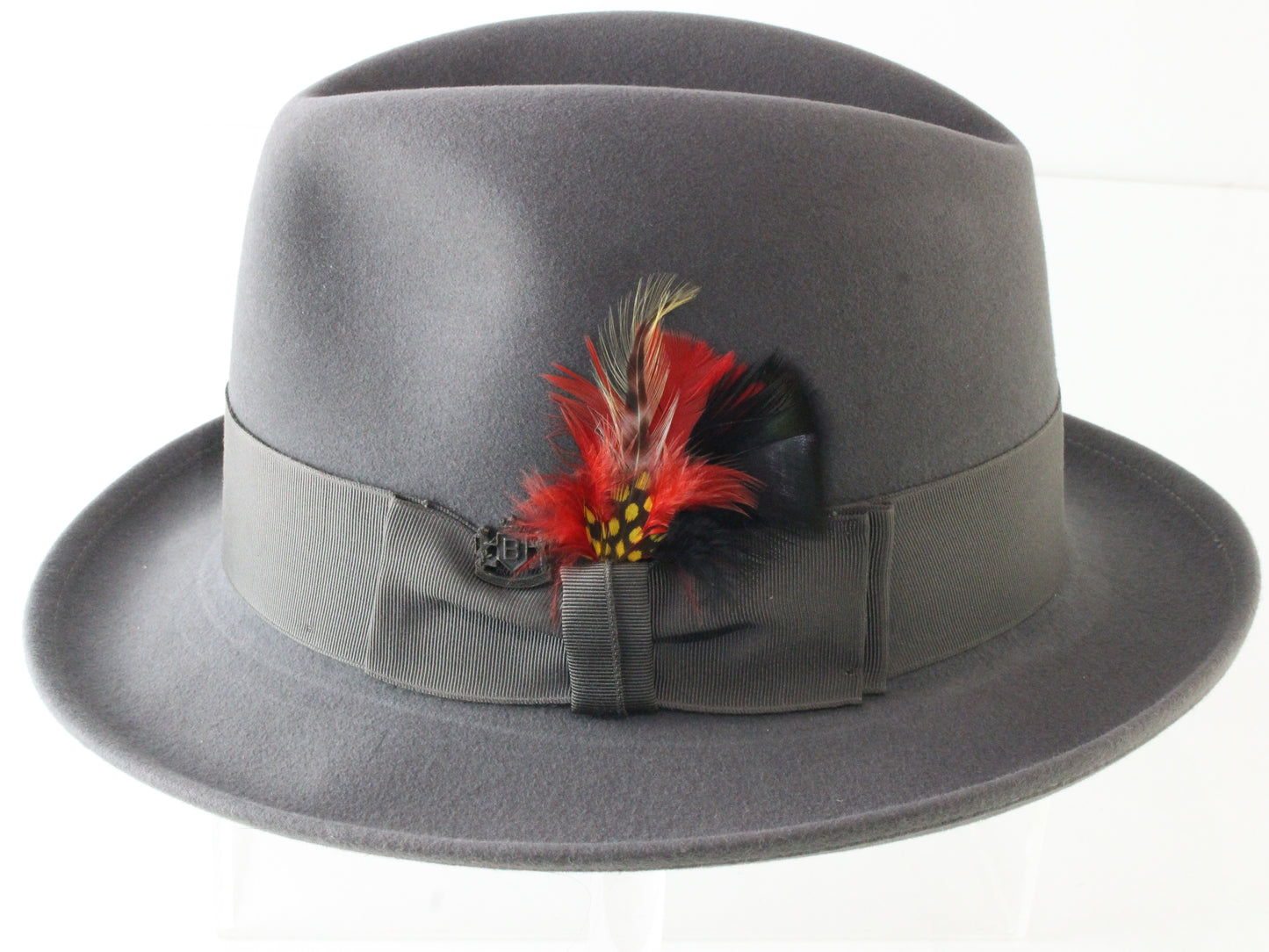 Biltmore President Mens Steel Gray Felt Fedora W/ Red Feather 7 56cm