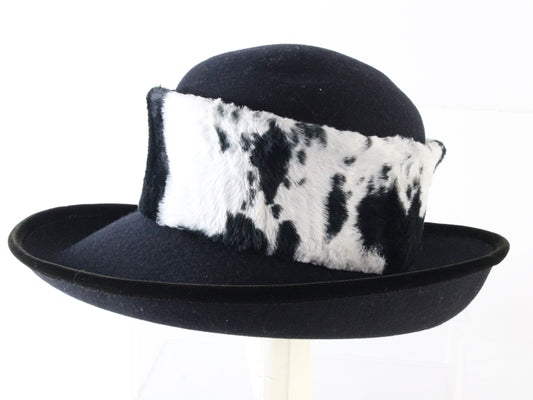 Peter Bettley Ladies Black Wool Felt Hat W/ Cowprint Band 7 1/8 57cm