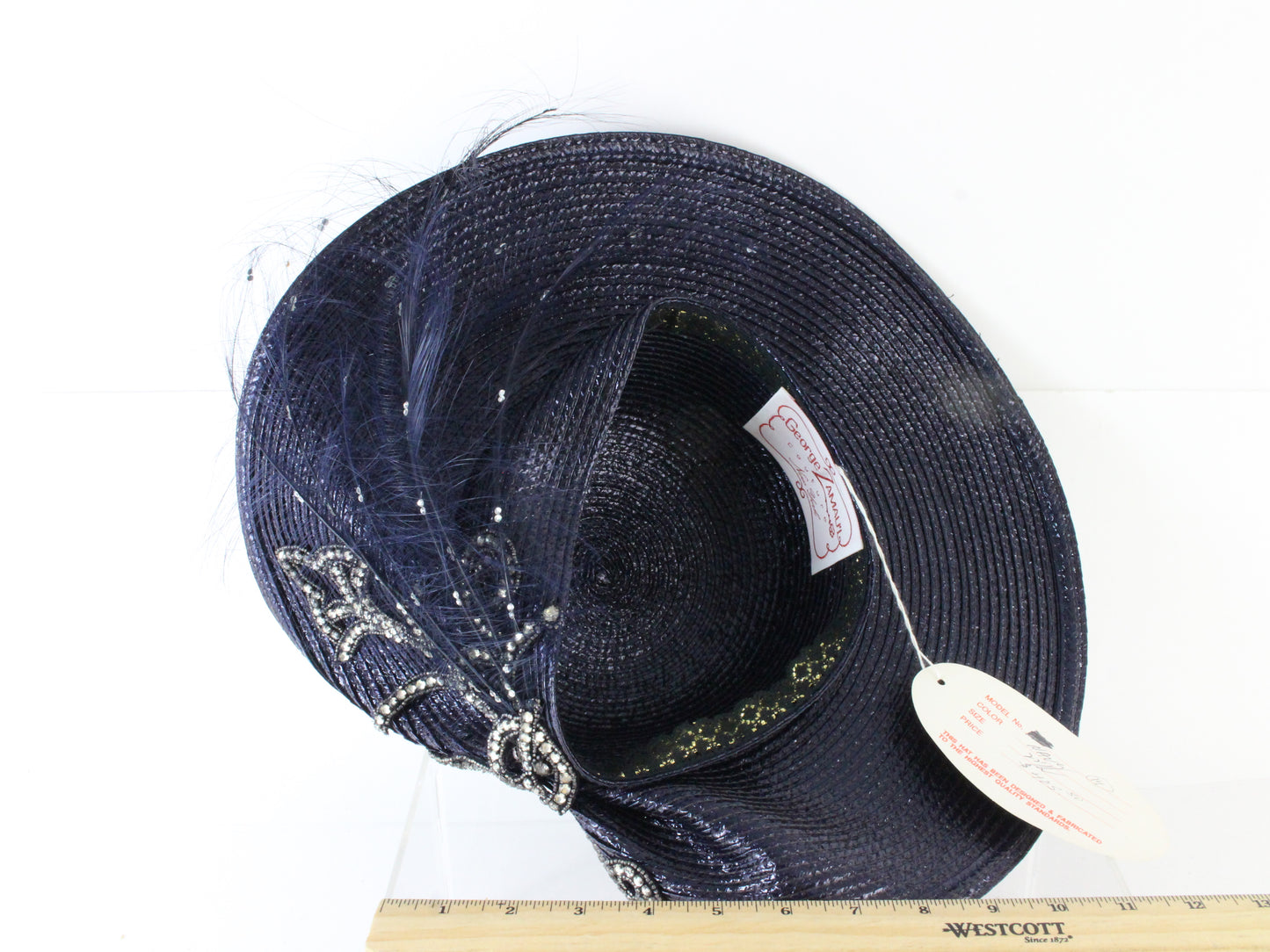 George Zamaul Couture New York Ladies Navy Blue Straw Hat W/ Rhinestones 7 56cm