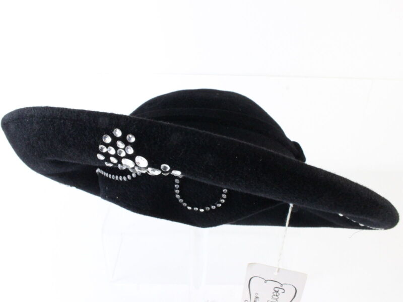 George Zamaul Ladies Boutique Black Felt Hat W/ Rhinestones 7 1/4 58cm