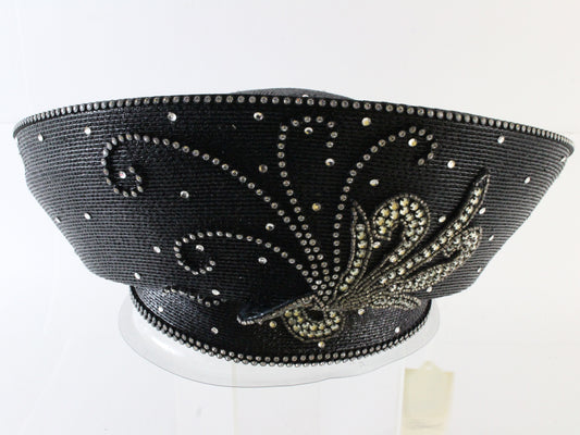 Makins New York Ladies Fancy Black Straw Like Hat W/ Rhinestones 7 1/8 57cm