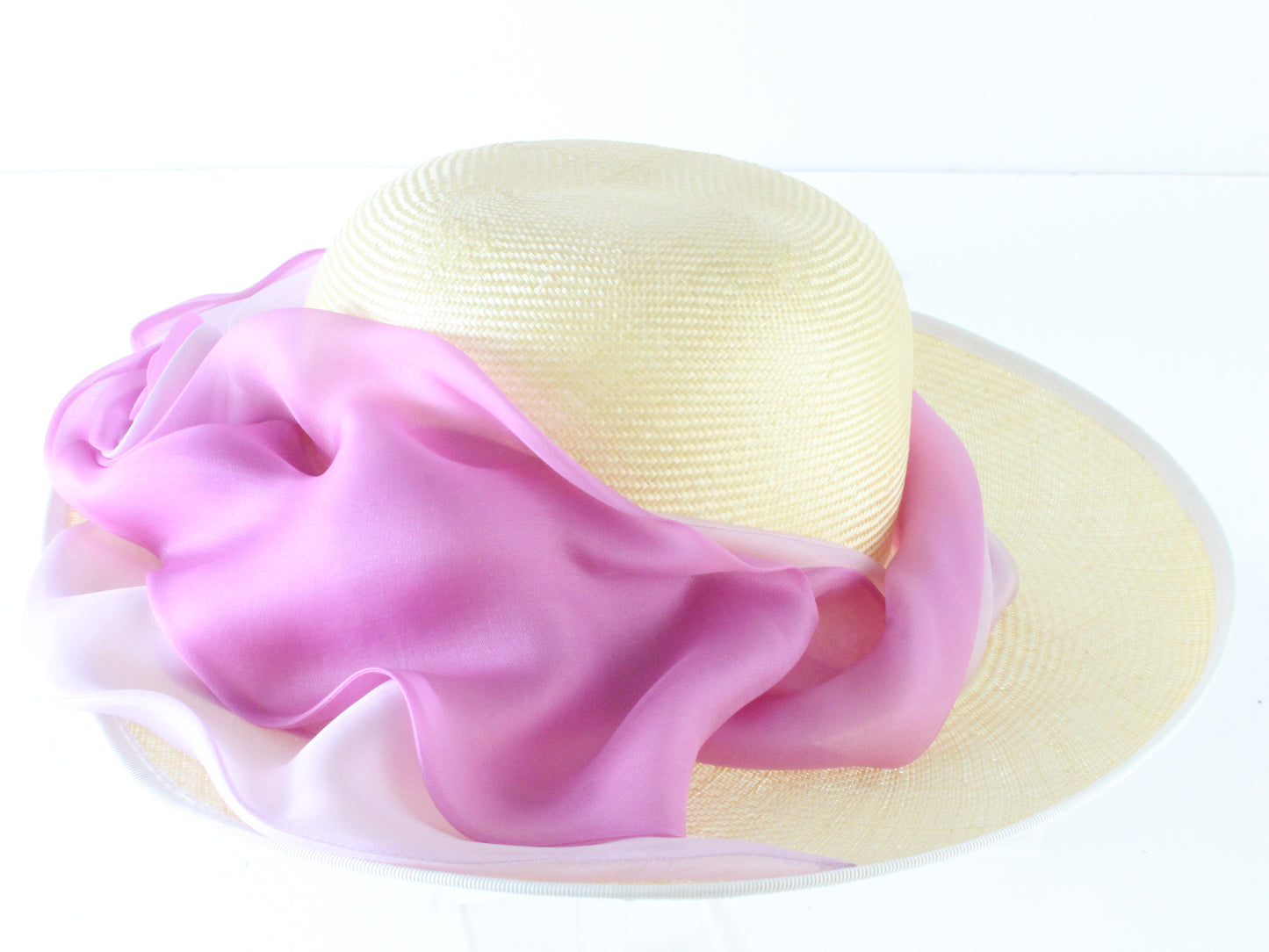 Bailey Tomlin London Ladies Tan Straw Hat W/ Pink Satin Organza Ribbon 7 56cm