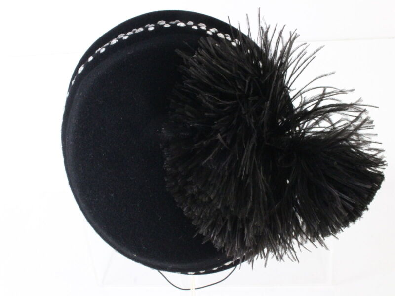 Jack Mcconnell Boutique Ladies Black Wool Felt Hat W/ Rhinestones And Feathers