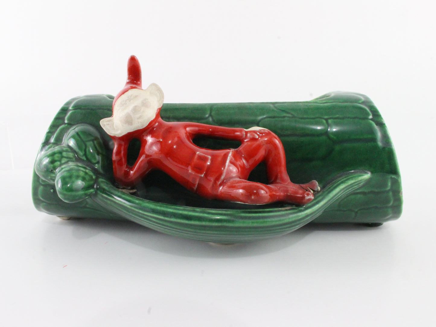 Vintage Red Suit Pixie Elf Reclining On Green Log Planter Ceramic 7 In