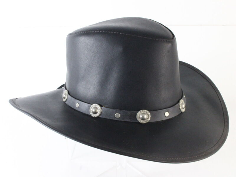 Winfield Cover Co Mens Black LEATHER Cowboy Hat W/ Band And Gray Inner Brim M