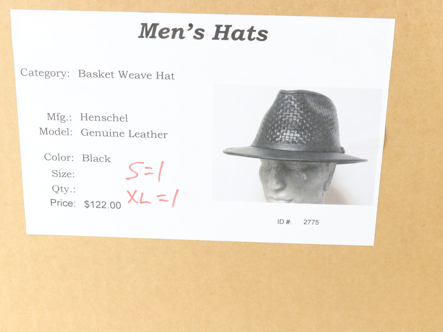 Heinschel Hat Co Usa Mens Black Genuine Basket Weave Leather Hat MULTIPLE SIZES