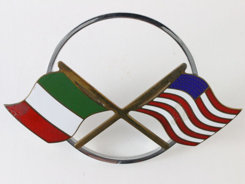 Vintage Italian Flag W/ American Flag 4.5" Metal Autmotive Emblem Badge