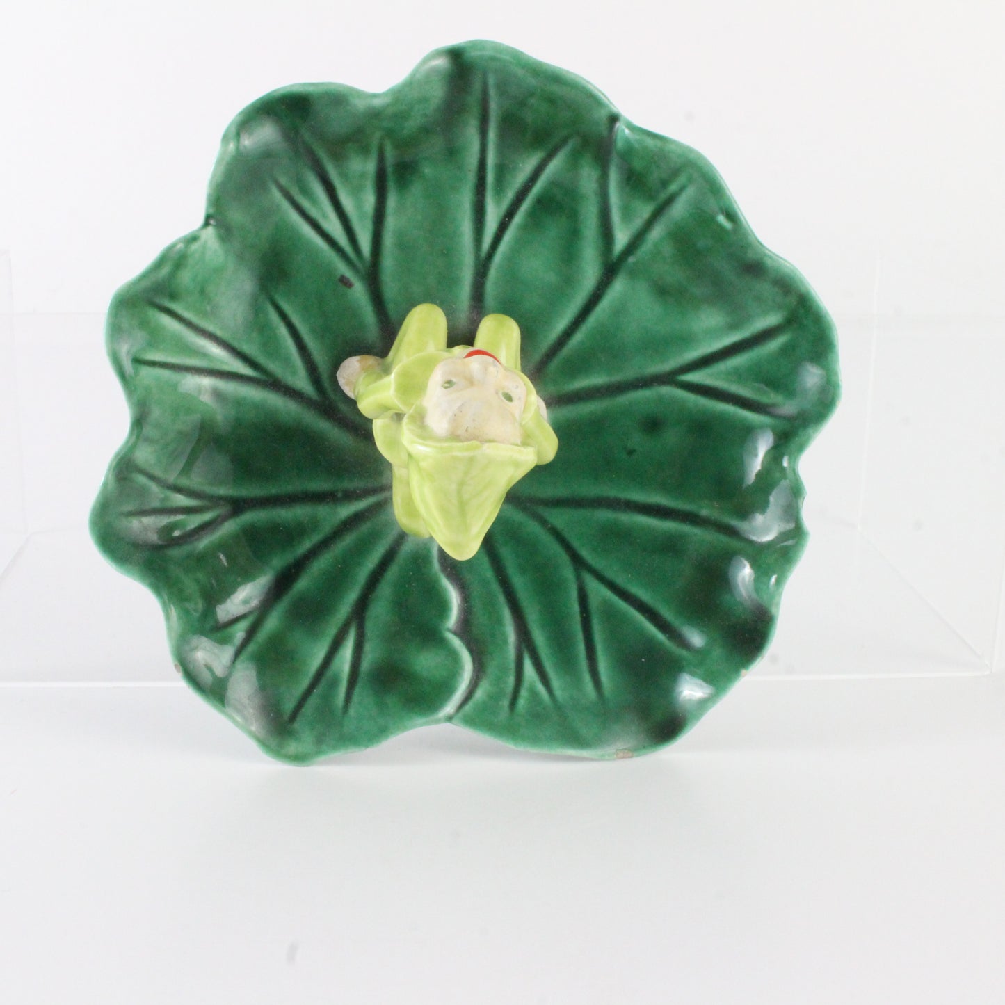 Vintage Green Pixie Elf Seated On Leaf Ceramic Jewelry Tray 5 In