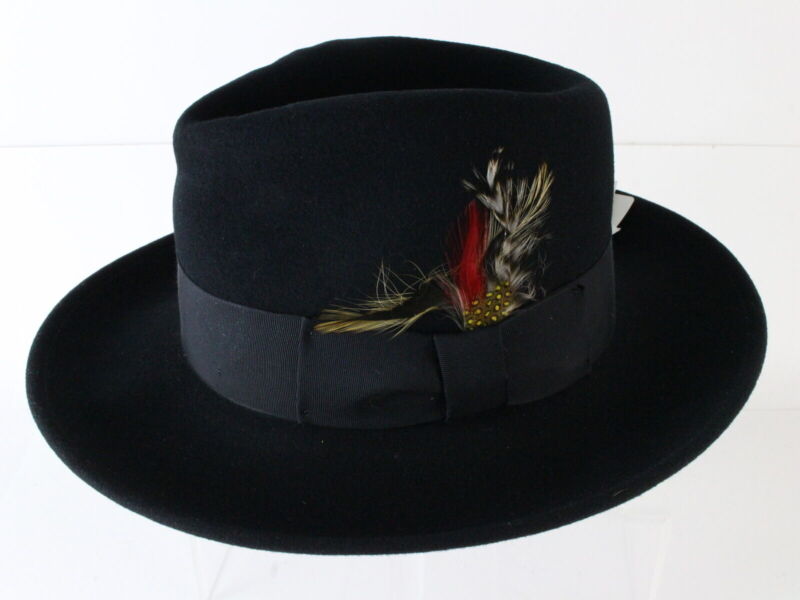 Bailey Mens Black Wool Felt Fedora W/ Red Feather SMALL