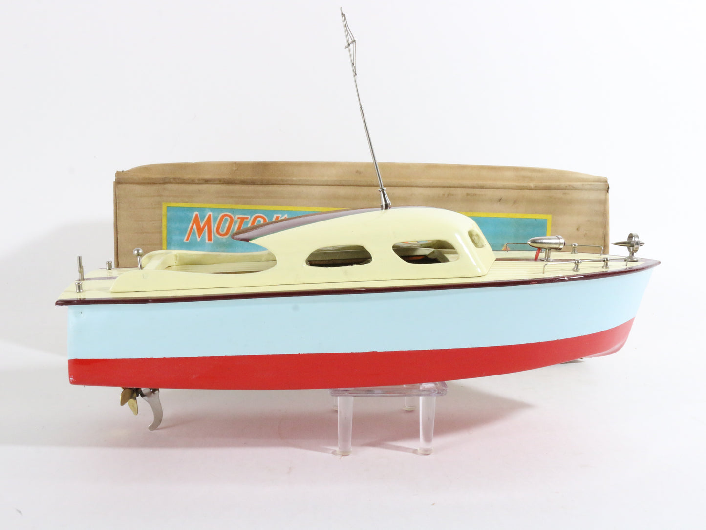 Vintage Blue Yellow Red Cabin Cruiser Wooden Battery Boat SM TMY ITO 13.5��� + BOX