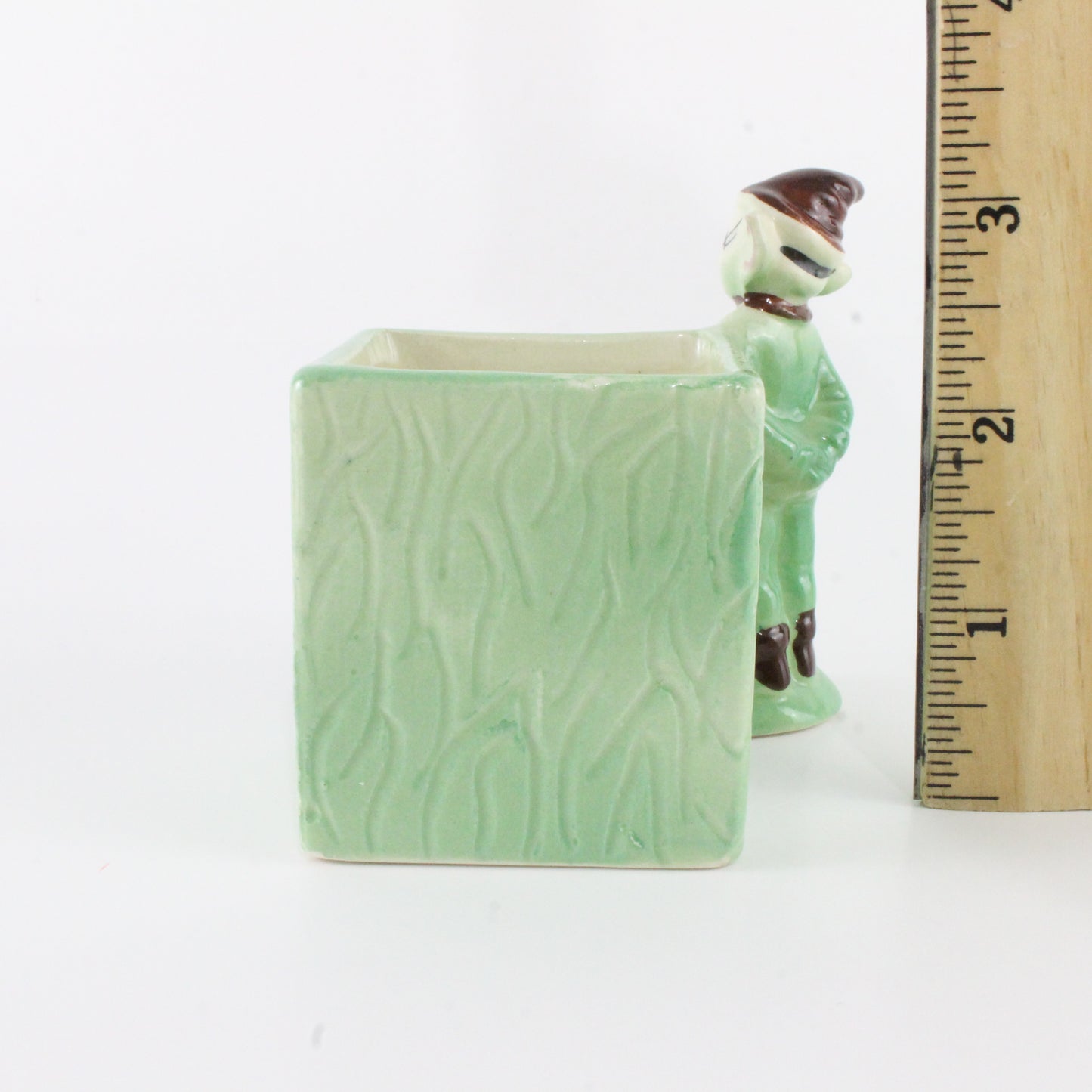 Vintage Elf Pixie In Green W/ Brown Cap Planter Box Ceramic 3 In