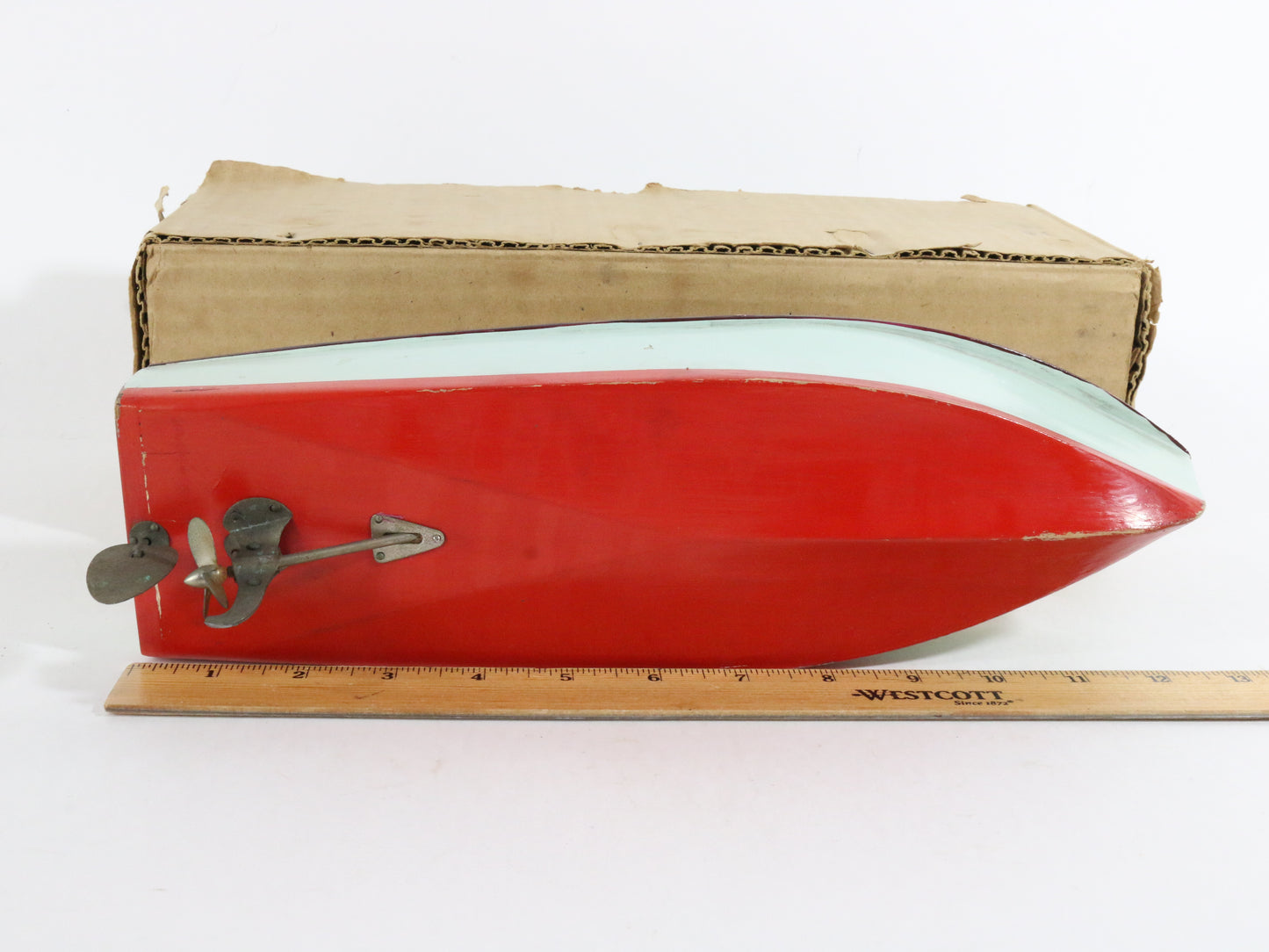 Vintage Blue Red & Yellow Wooden Battery Pleasure Speed Boat Japan 13��� & BOX