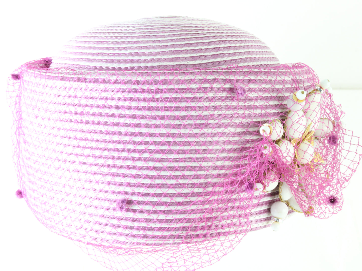 Don Anderson Ladies Boutique White and Fuchsia Striped Hat W/ Beads 7 1/8 57cm