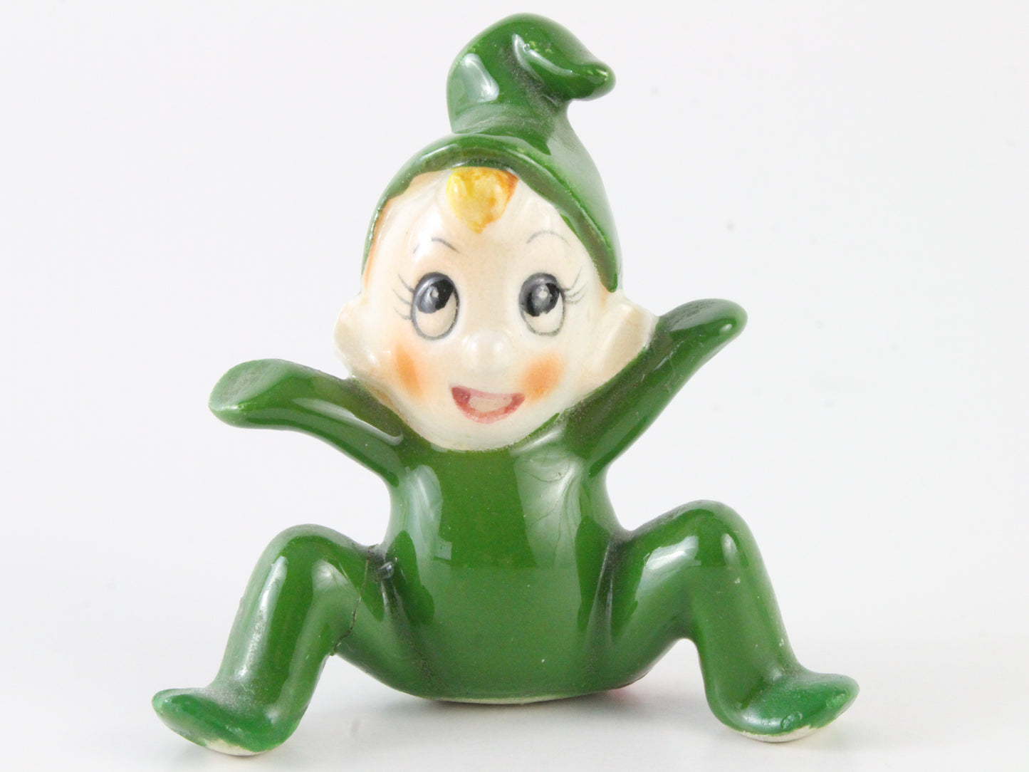 Vintage Pixie Elf Green Seated Ceramic Figure Japan 2 In