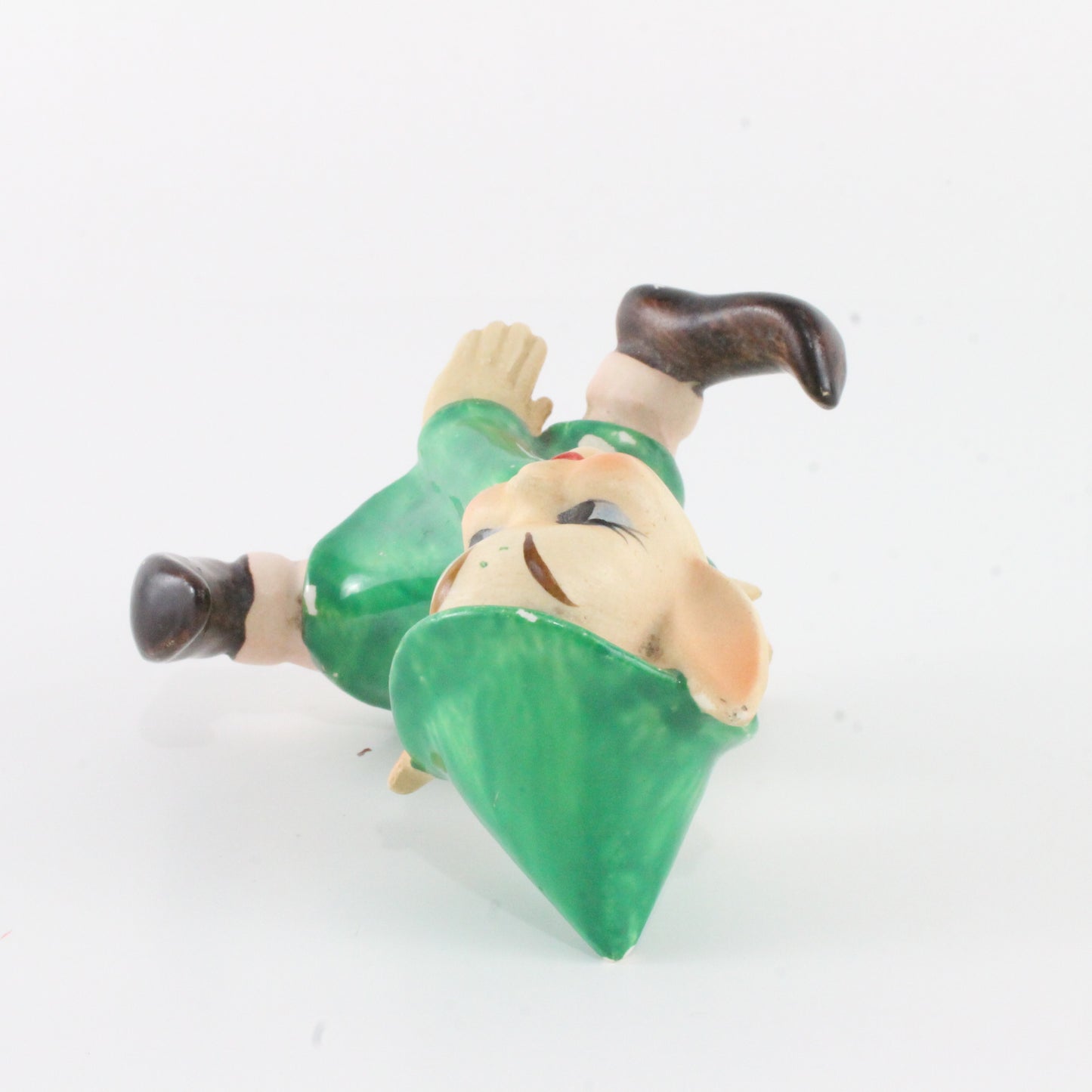 Vintage Pixie Elf Seated In Green Dress W/ Green Hat Ceramic Japan 3.25 In