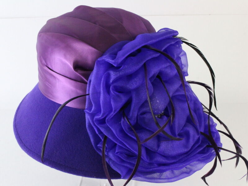 Whittall And Shon Ladies Purple Boutique Wool Felt Hat W/ Flower And Feathers