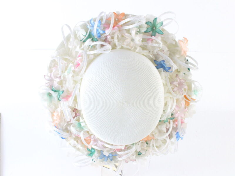 Don Anderson Ladies White Straw Spring Hat W/ Pink And Blue Flowers 7 56cm