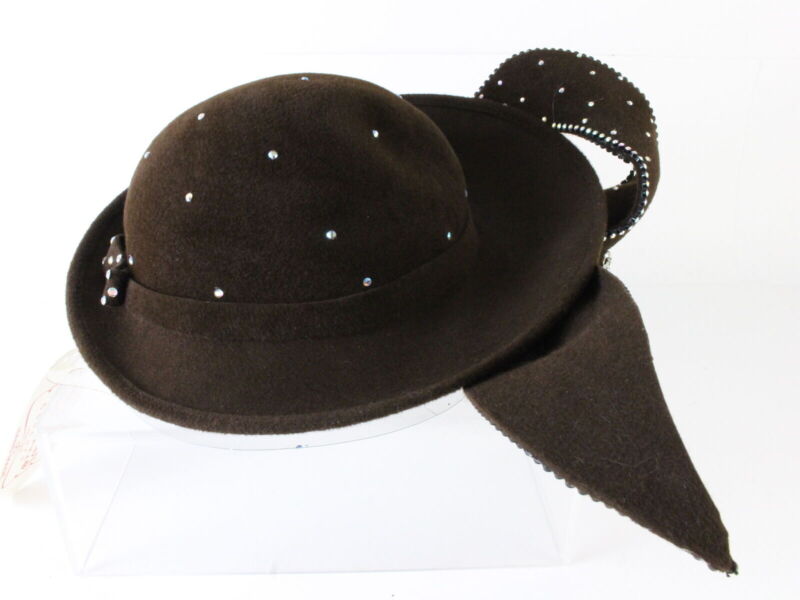 George Zamaul Ladies Brown Felt Boutique Hat W/ Rhinestones 6 7/8 55cm