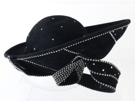 George Zamaul Couture Ladies Black Felt Boutique Hat W/ Rhinestones 7 56cm