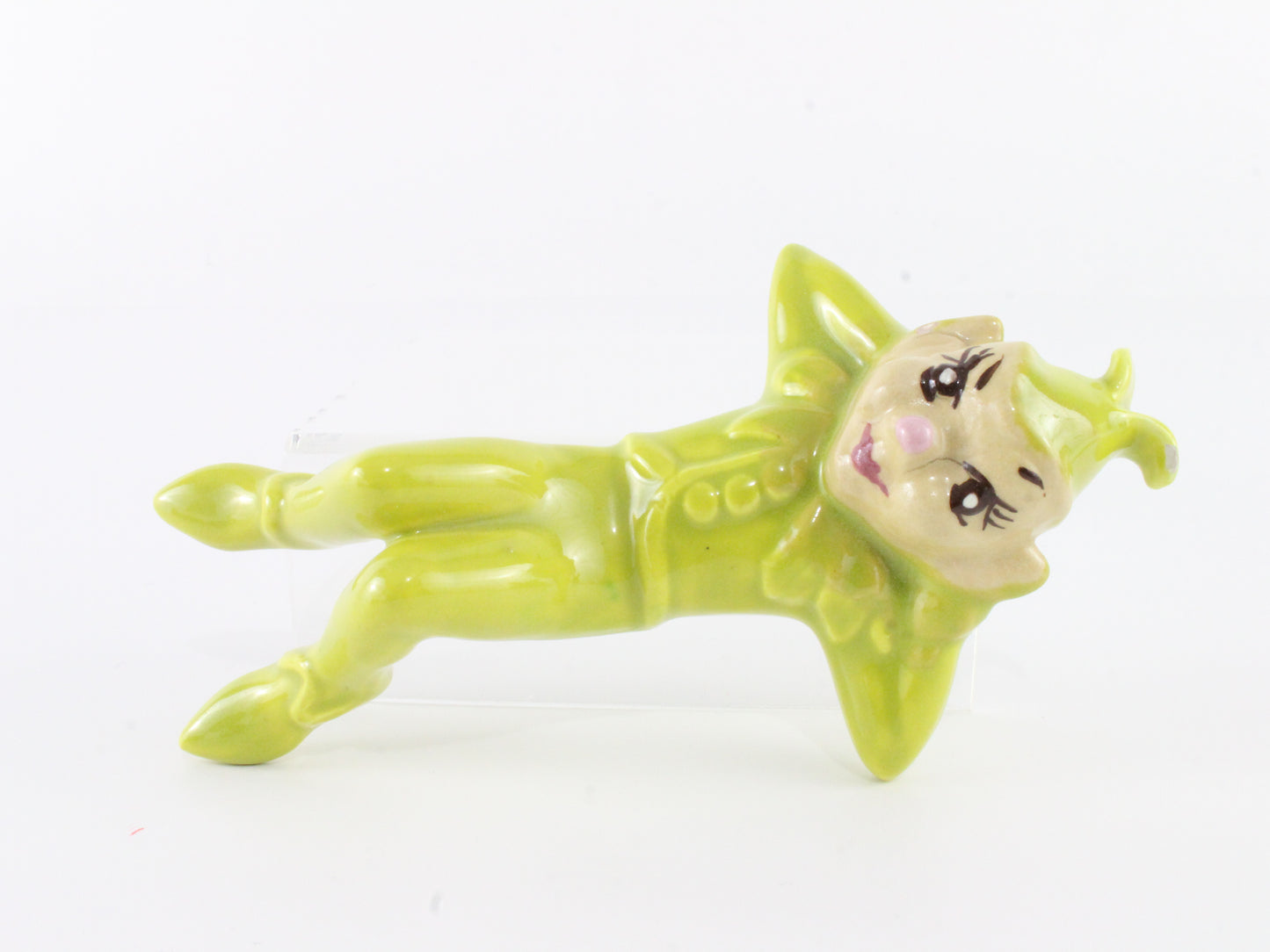 Vintage Pixie Reclining In Green Suit W/ Hat Ceramic 5.5 In