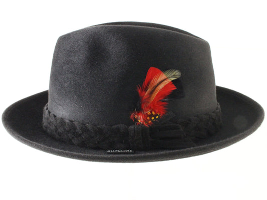 Biltmore Eleganza Raleigh Mens Black Felt Fedora W/ Red Feather MULTIPLE SIZES