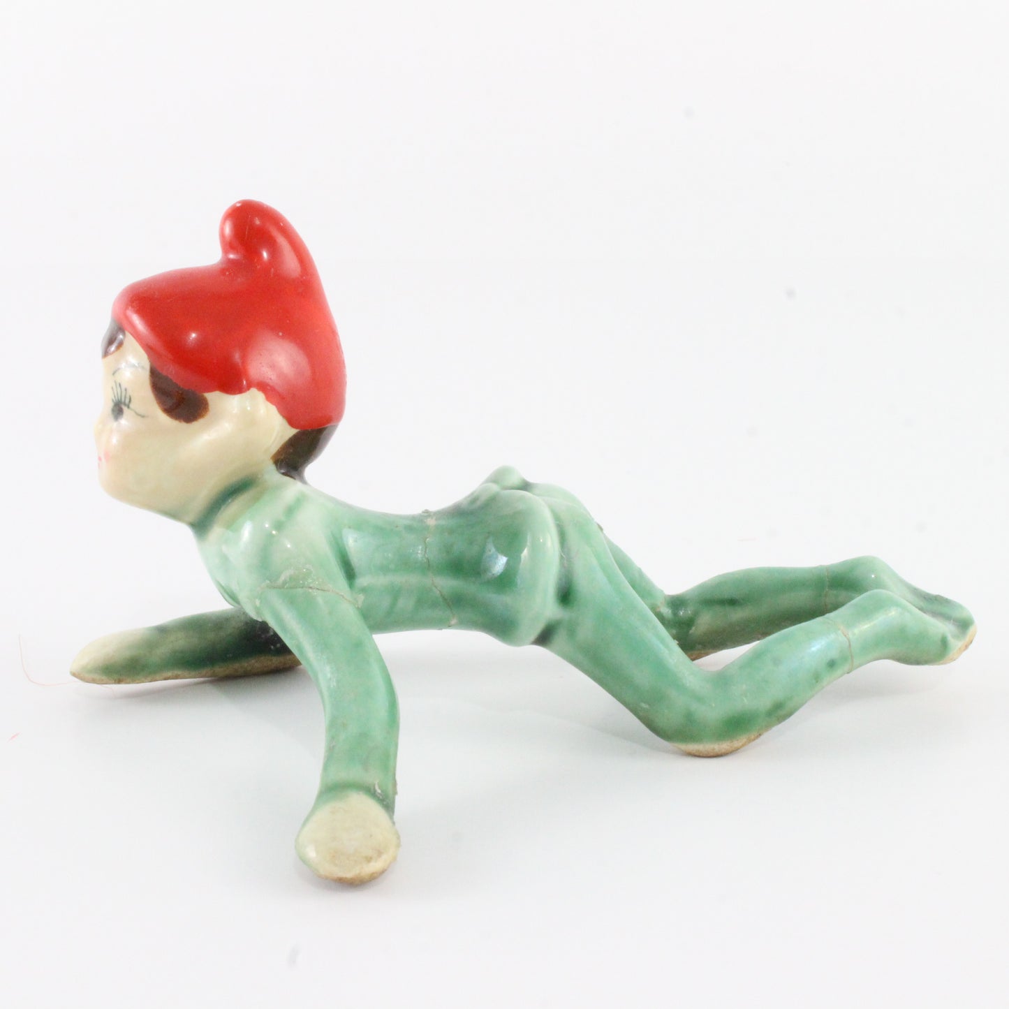 Vintage Green Suit W/ Red Hat Crawling Ceramic Pixie Japan 5 In