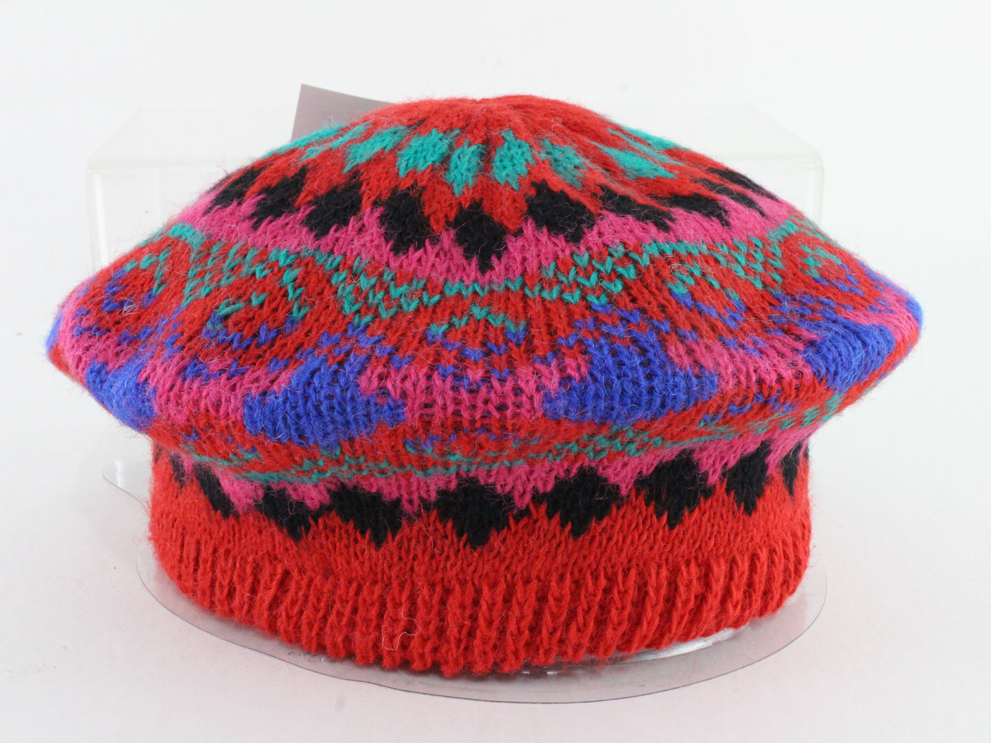 Mixed Red Pink & Blue Arlin Acrylic Knit Ladies Cap Stretch Band Winter/Holiday