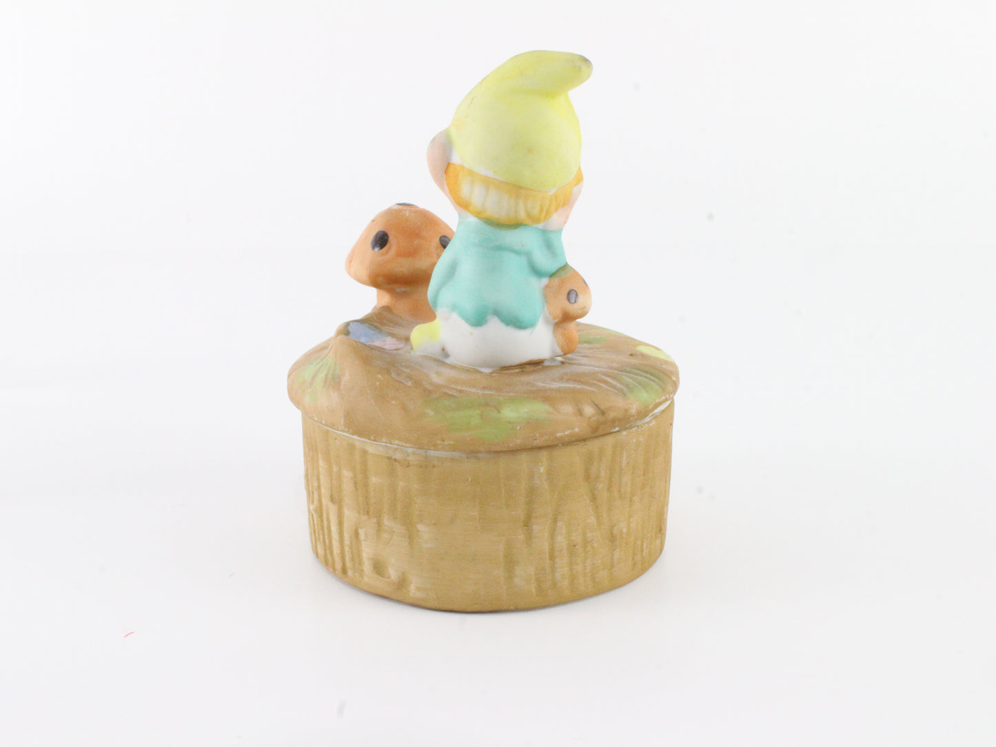 Vintage Pixie In Blue W/ Yellow Hat w/ Mushrooms Ceramic Box Homco Taiwan 3.5 In