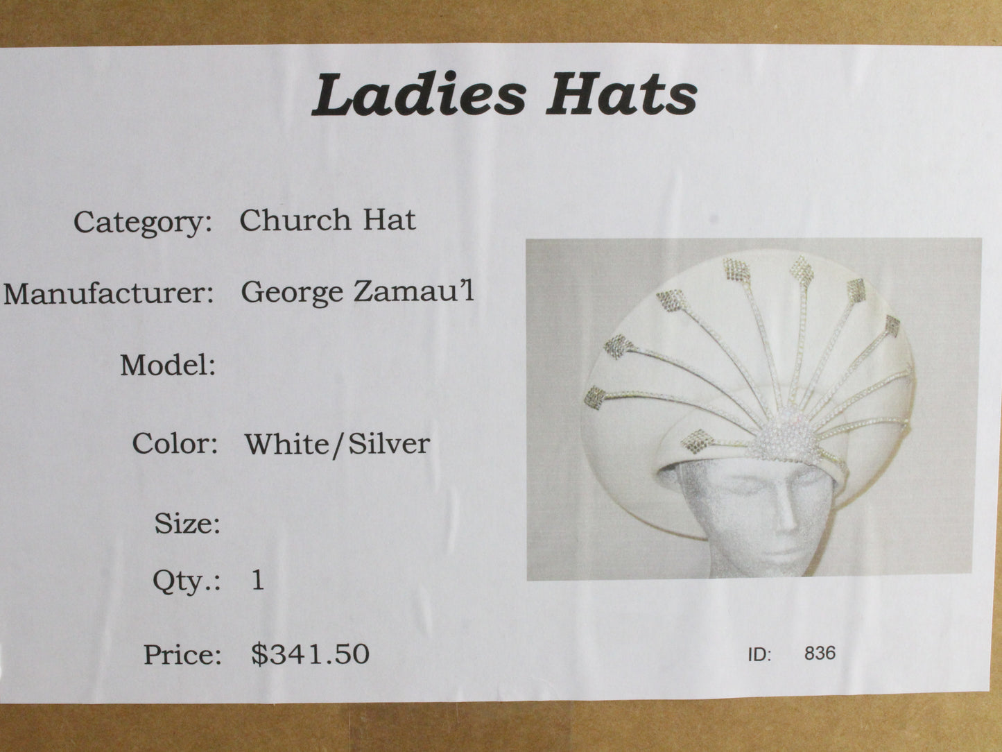 George Zamaul Coture Ladies White Felt Hat W/ Rhinestones 7 1/4 58cm