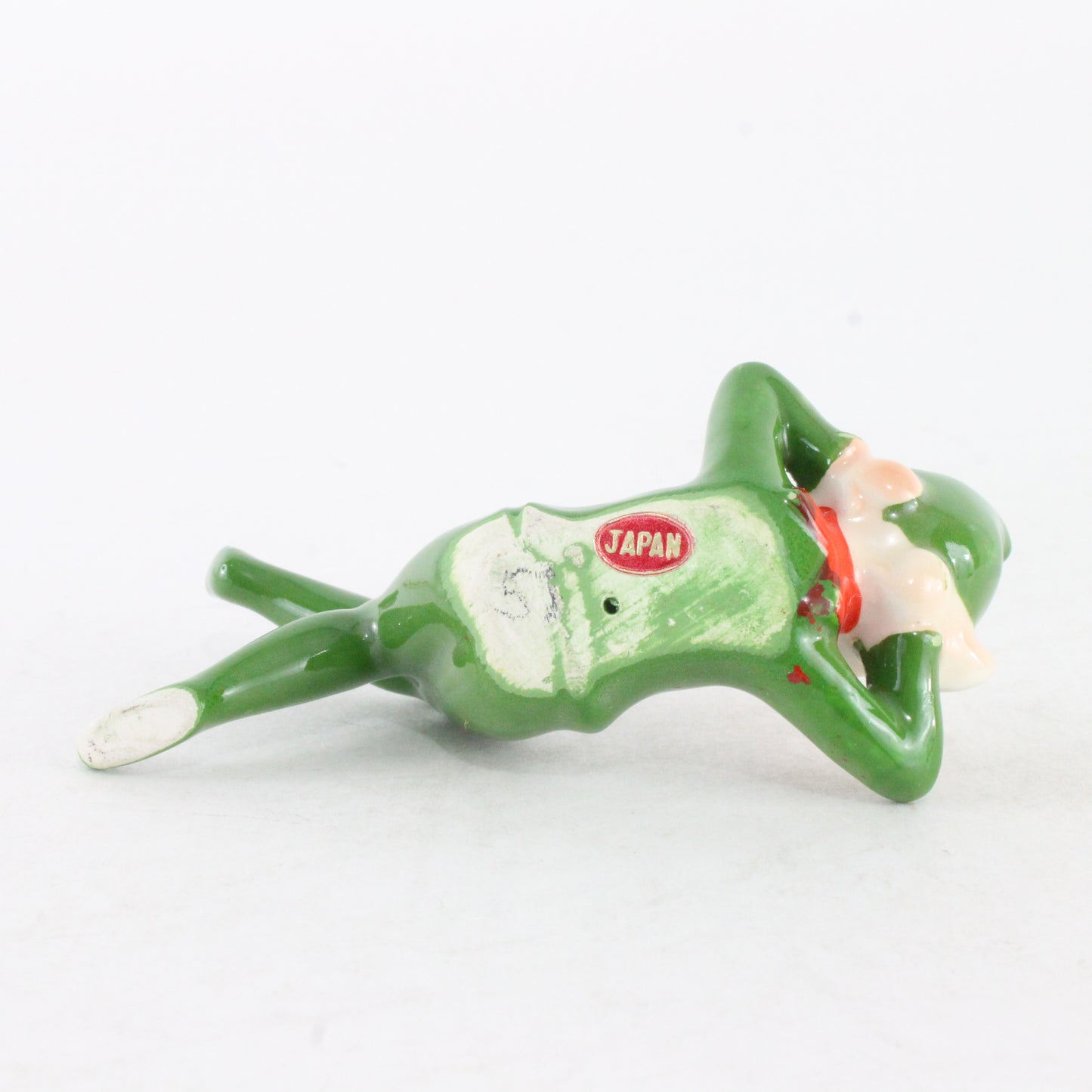 Vintage Ceramic Pixie Elf Reclining In Green W/ Green Hat Made In Japan 3.5 Inch