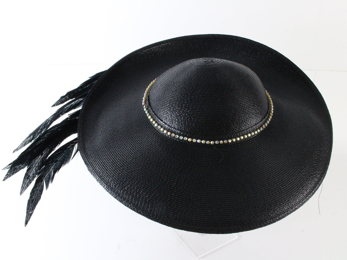 George Zamaul New York Ladies Black Straw Hat W/ Rhinestones 7 1/8 57cm