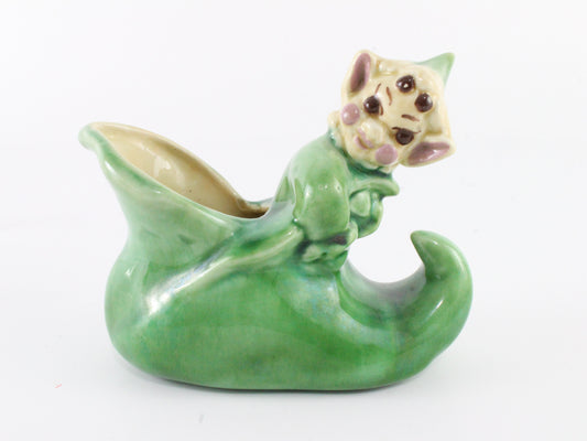 Vintage Pixie Green Leaning Out Of Elf Boot W/ Flower On Head Ceramic 3.25 In