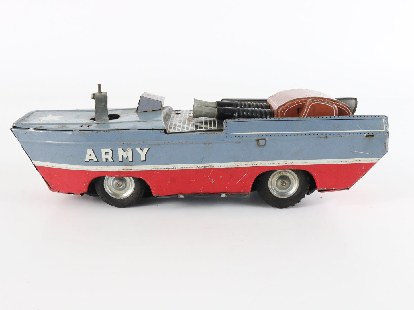 Vintage Tin Amphibian Army Military Vehicle Friction K Toys 8.5"