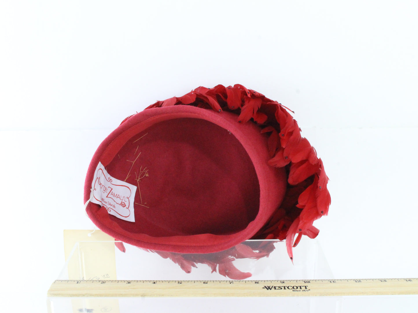 George Zamaul New York Ladies Boutique Red Felt Hat W/ Feathers 6 7/8 55cm