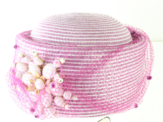 Don Anderson Ladies Boutique White and Fuchsia Striped Hat W/ Beads 7 1/8 57cm