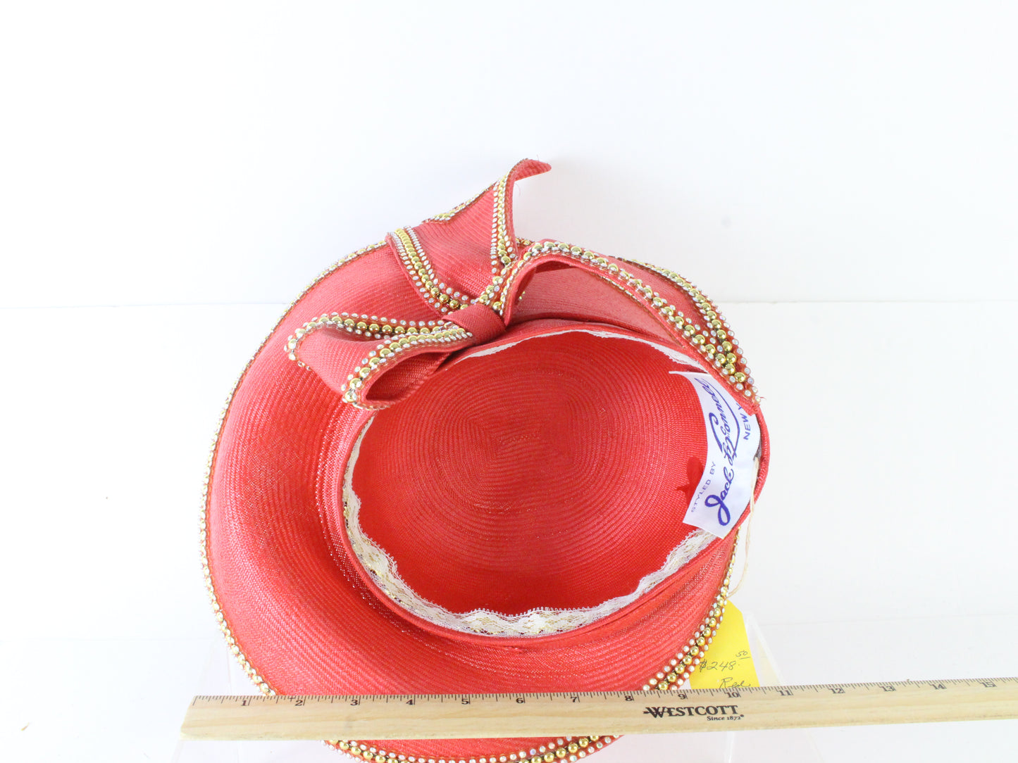 Jack Mcconnell New York Ladies Red Straw Hat W/ Rhinestones 7 1/8 57cm