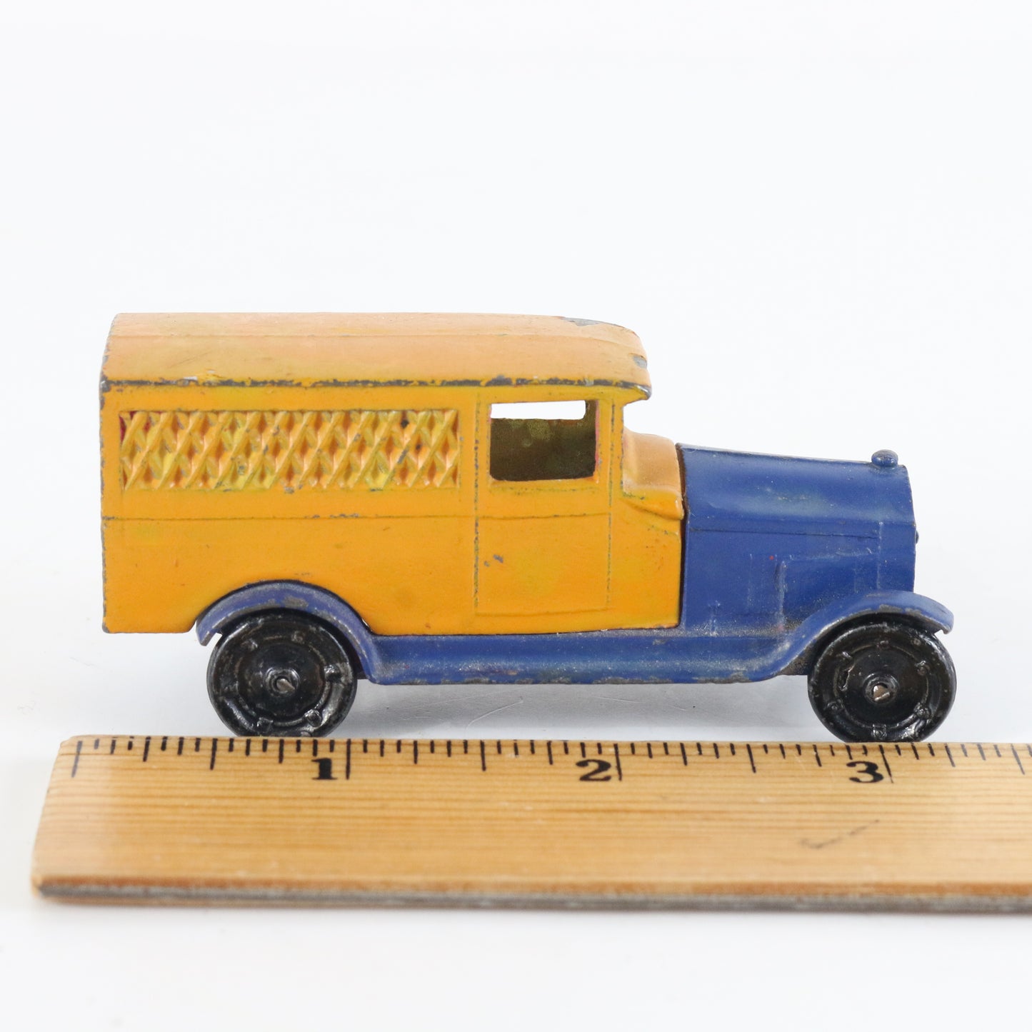 Vintage TootsieToy Buick Paddy Wagon Delivery Orange & Blue 3.25" Diecast Metal