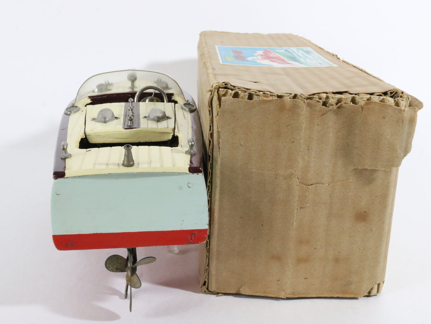 Vintage Blue Red & Yellow Wooden Battery Pleasure Speed Boat Japan 13��� & BOX