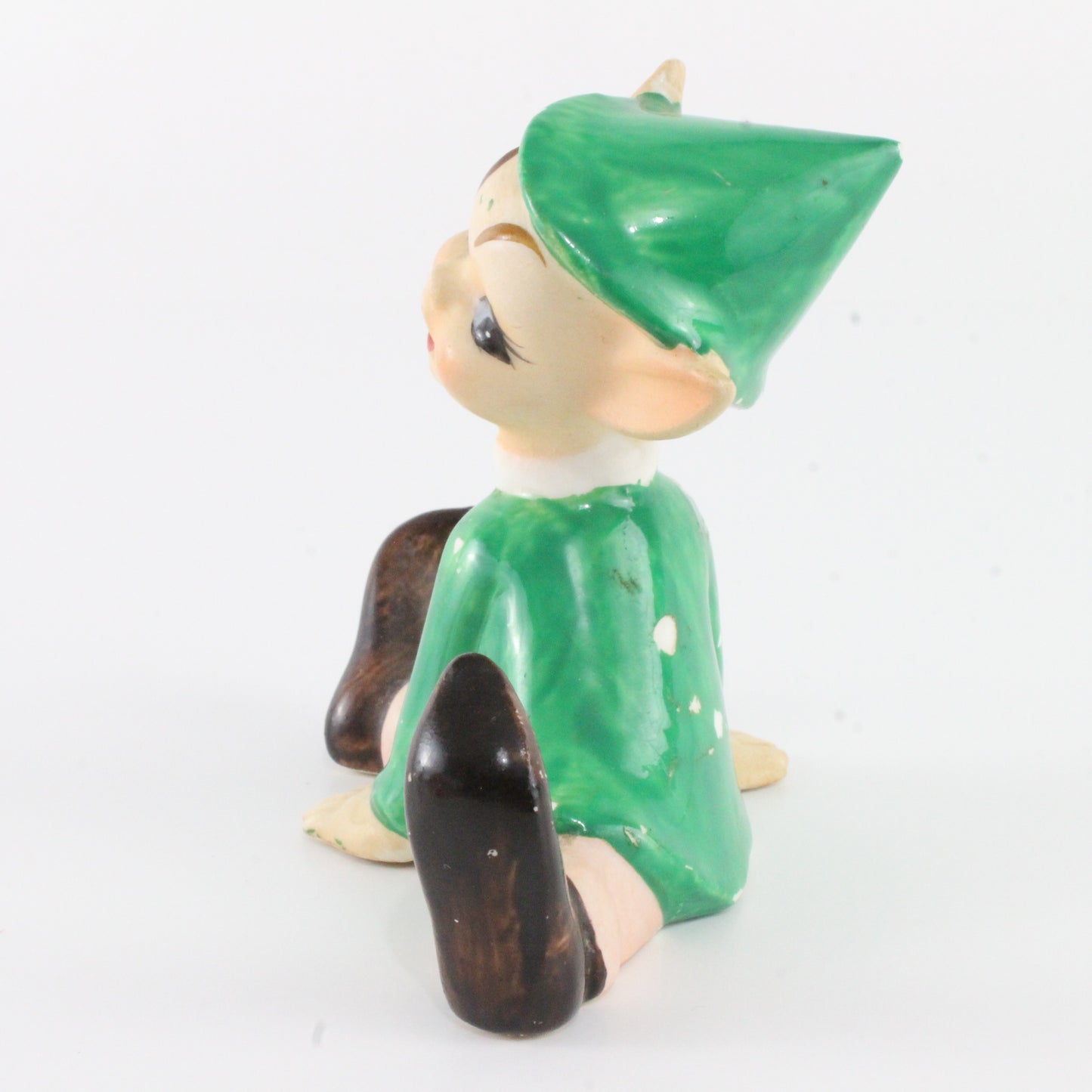 Vintage Pixie Elf Seated In Green Dress W/ Green Hat Ceramic Japan 3.25 In