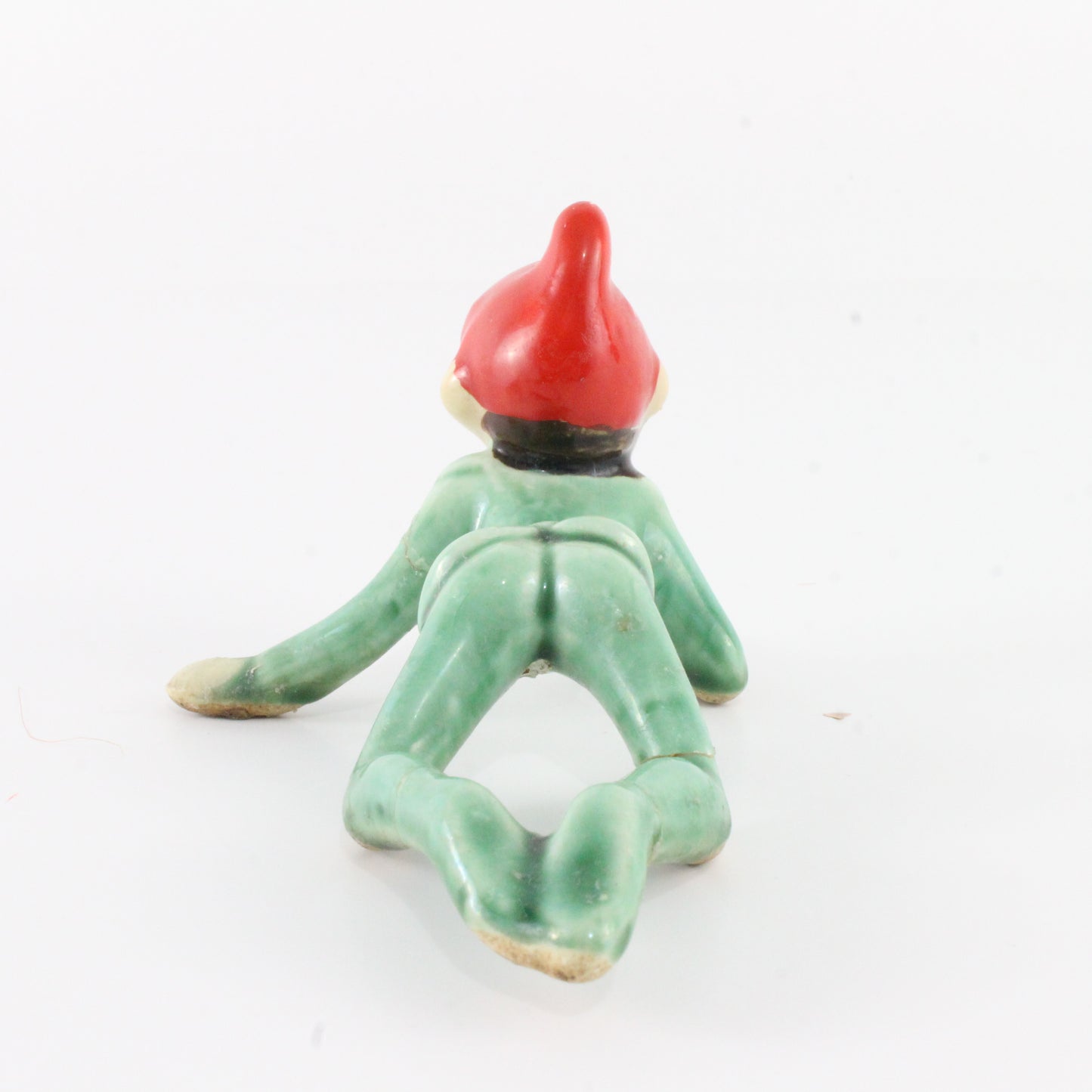 Vintage Green Suit W/ Red Hat Crawling Ceramic Pixie Japan 5 In