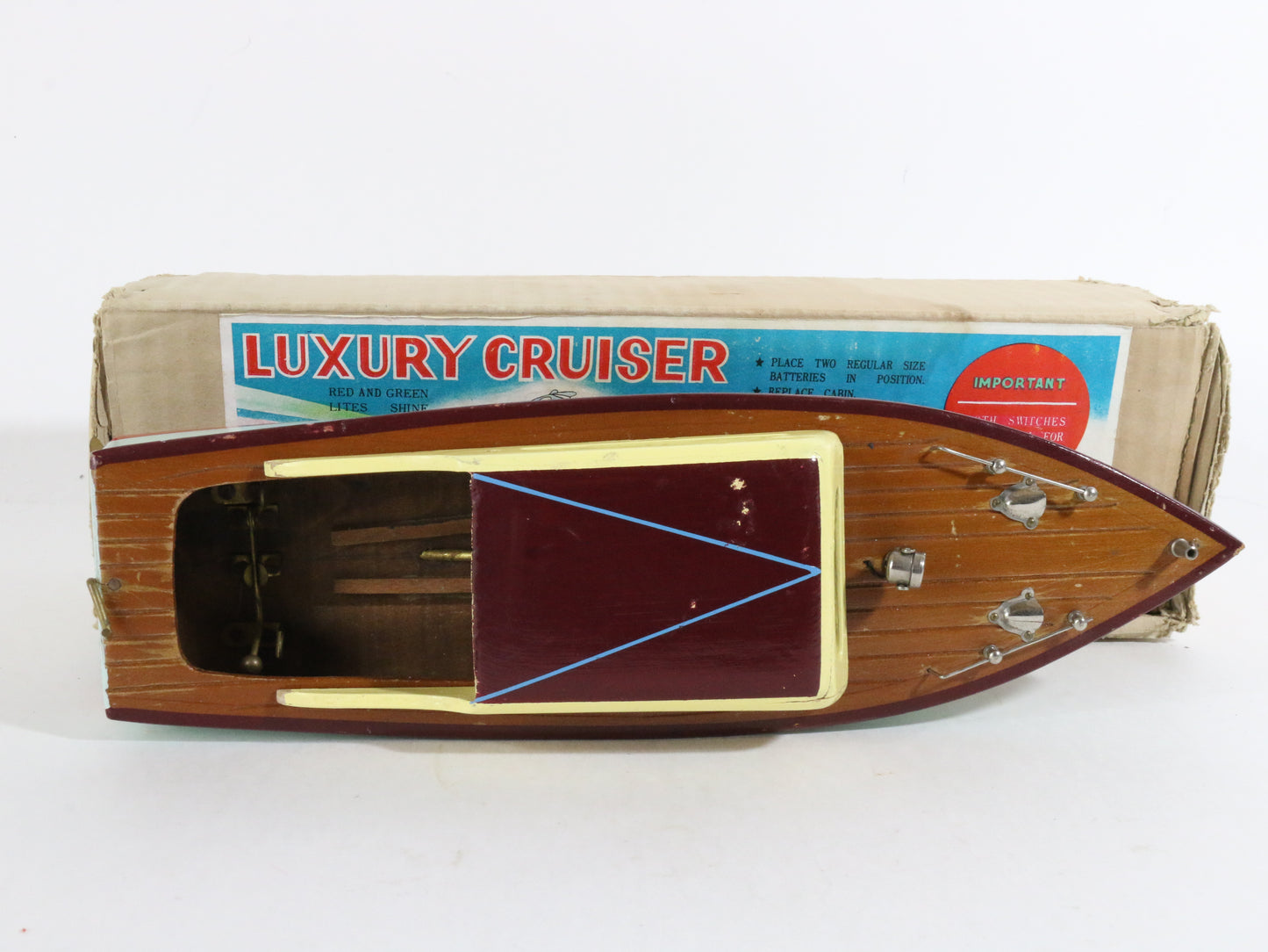 Vintage Blue Red Brown Luxury Cabin Cruiser Wooden Boat Japan IMP IMPY 12"