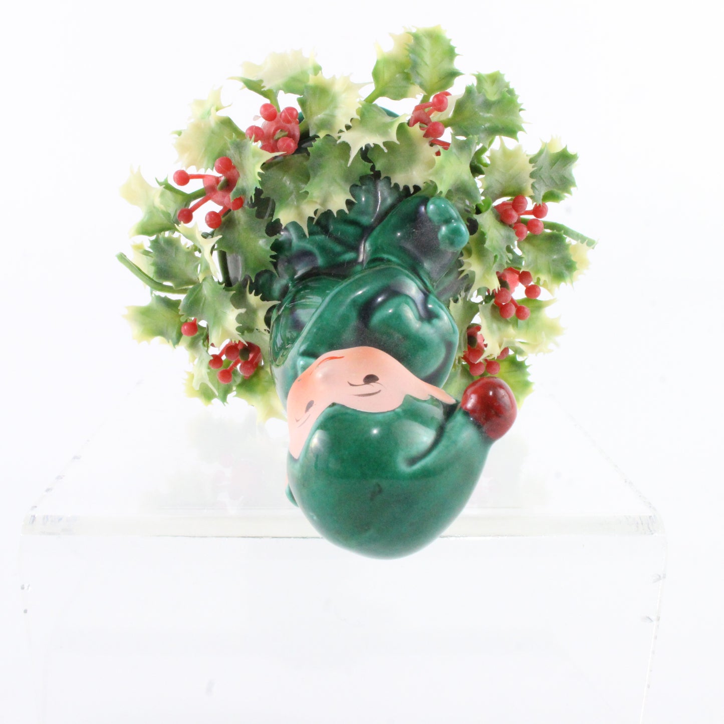 Vintage Ceramic Pixie Holly Leaf W/ Cap + Holly Leaves Inarco Japan 4.5 In