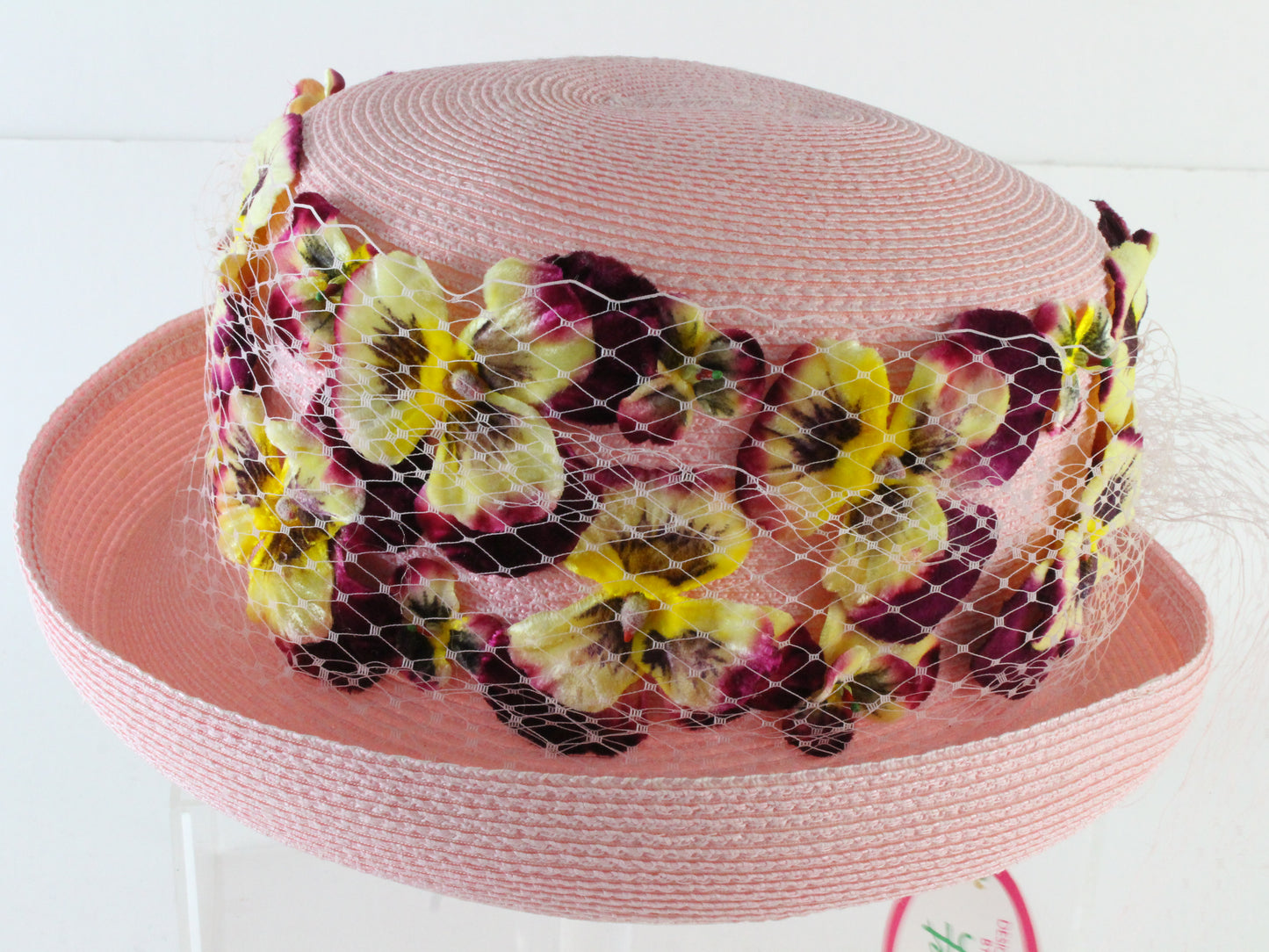 Frank Olive Gold Standard Ladies Pink Straw Like Hat W/ Flowers 7 56cm