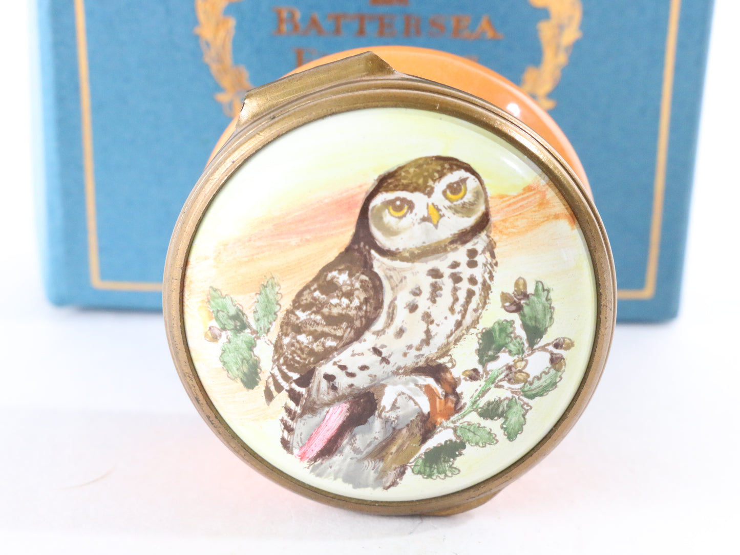 Bilston & Battersea Halcyon Days Owl Design Apricot Enamel Box