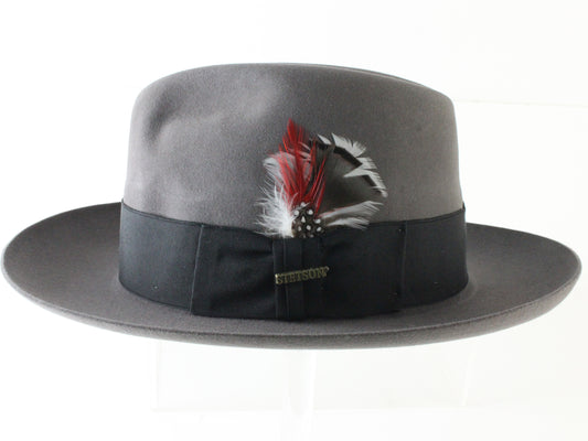 Stetson the Sovereign Mens Caribou Gray Felt Fedora W/ White Feather 7 56cm