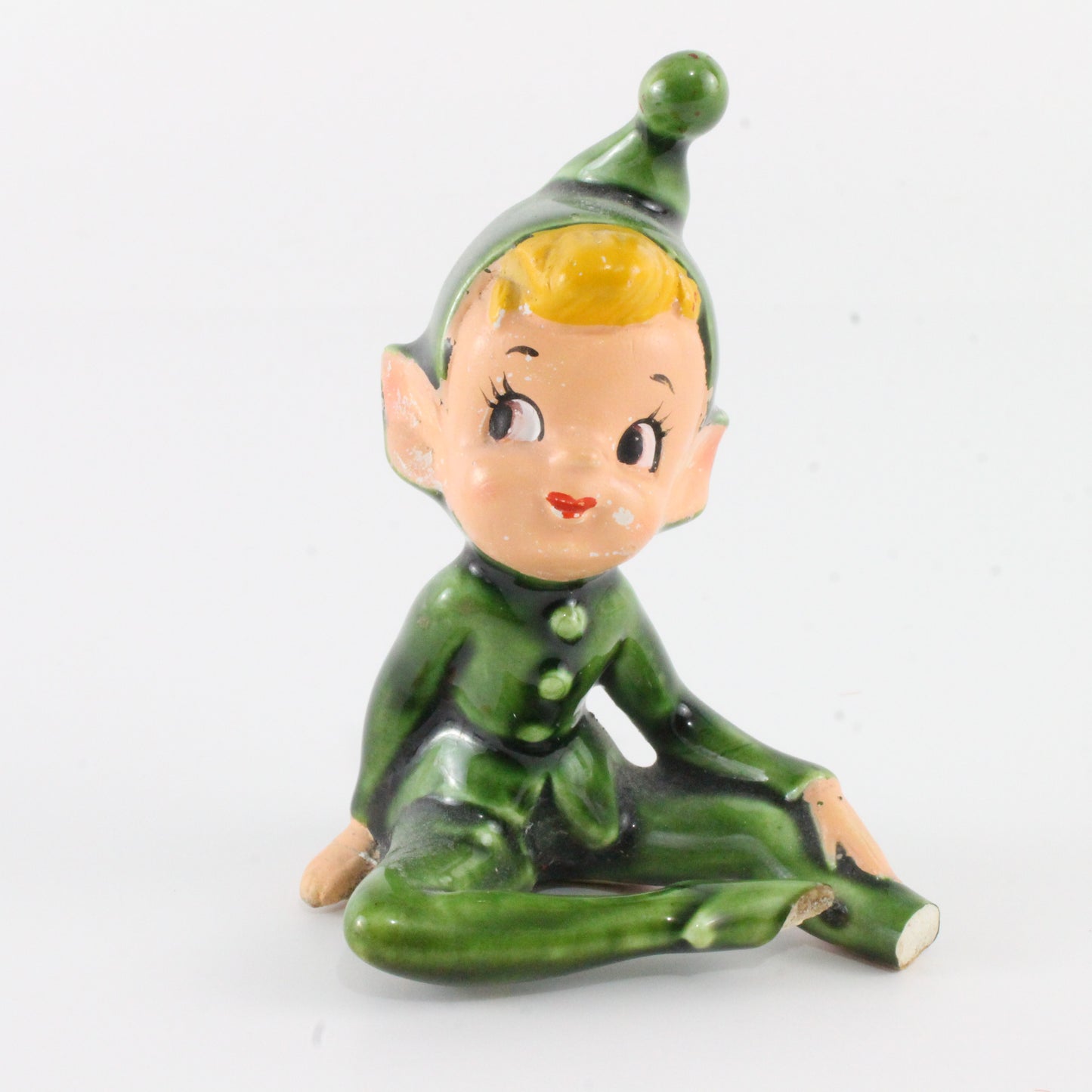 Vintage Ceramic Pixie In Green Elf Suit W/ Hat Sitting Cross Leg Japan 3.25 In