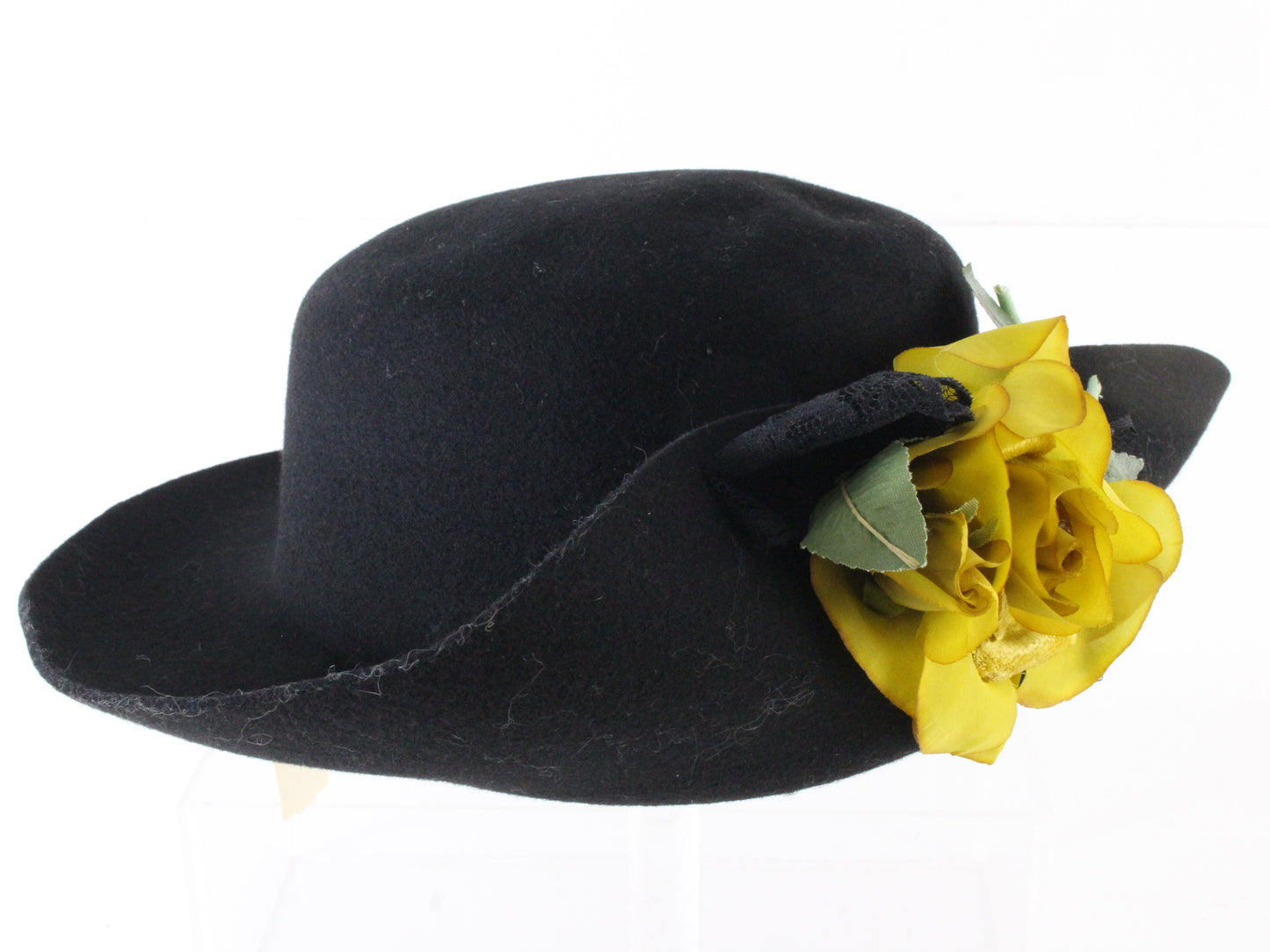 Miss Bierner Ladies Elegant Black Wool Felt Hat W/ Yellow Flower 7 1/4 58cm