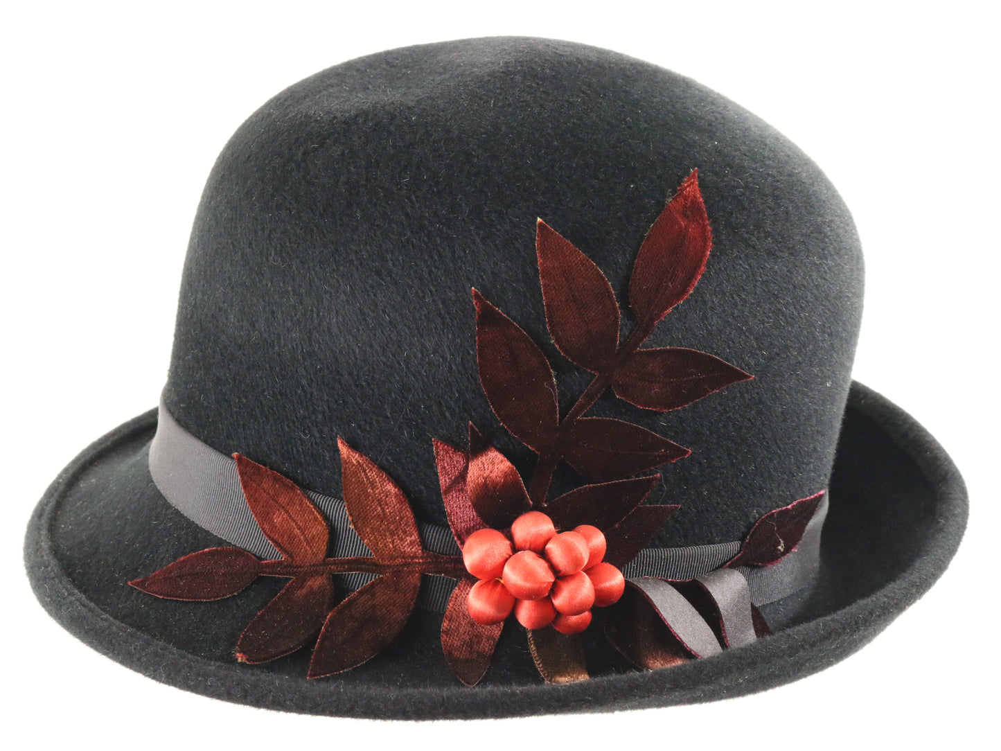 Bailey Tomlin London Ladies Black Felt Cloche Hat W/ Leaves 6 7/8 55cm