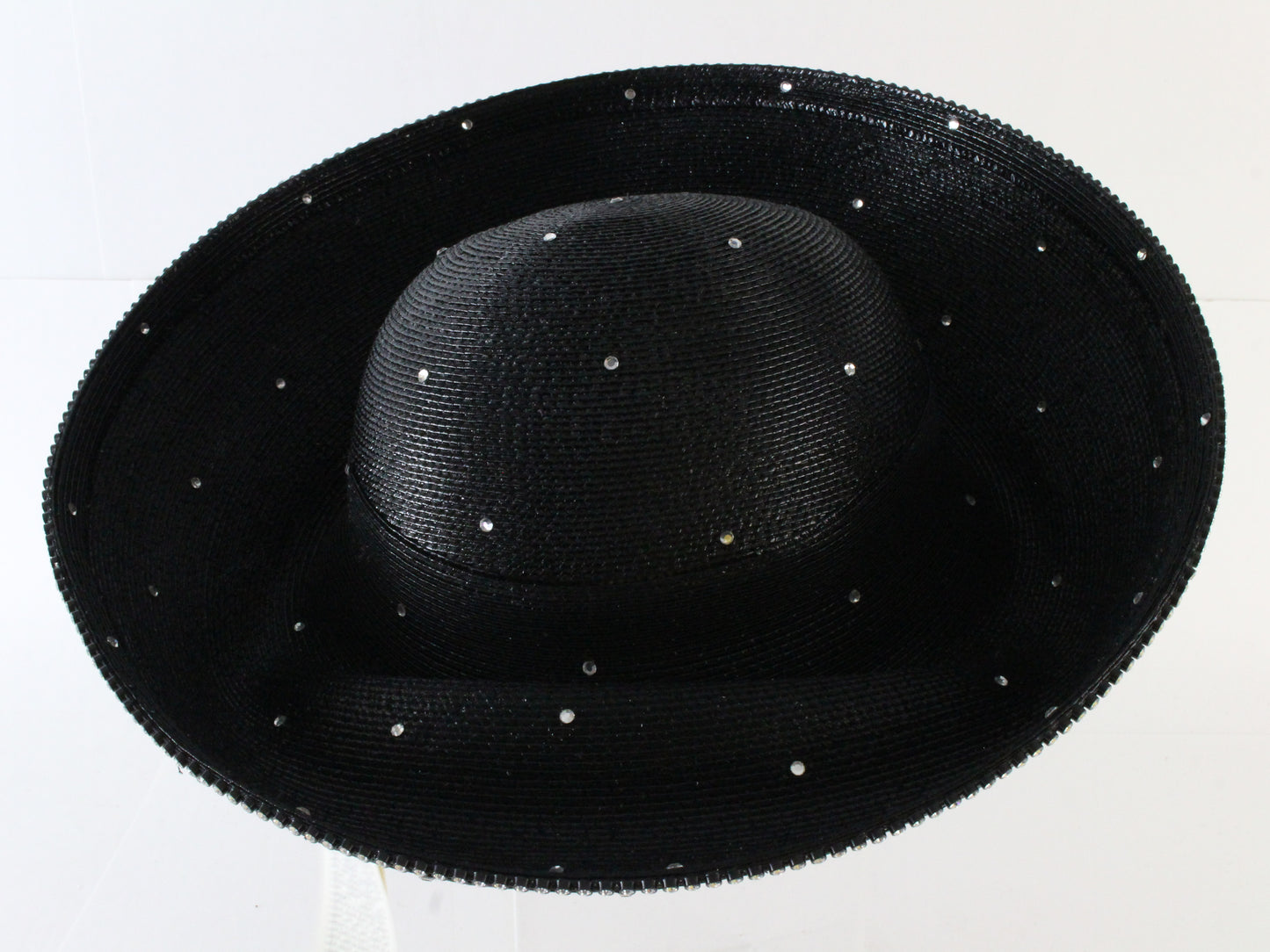 Makins New York Ladies Fancy Black Straw Like Hat W/ Rhinestones 7 1/8 57cm